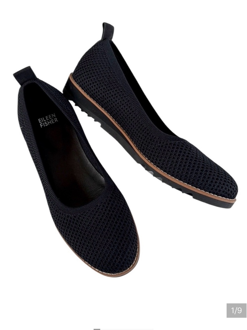 Eileen Fisher Etta Women's Versatile Minimalist Black Flats Tan Trim Size 6.5